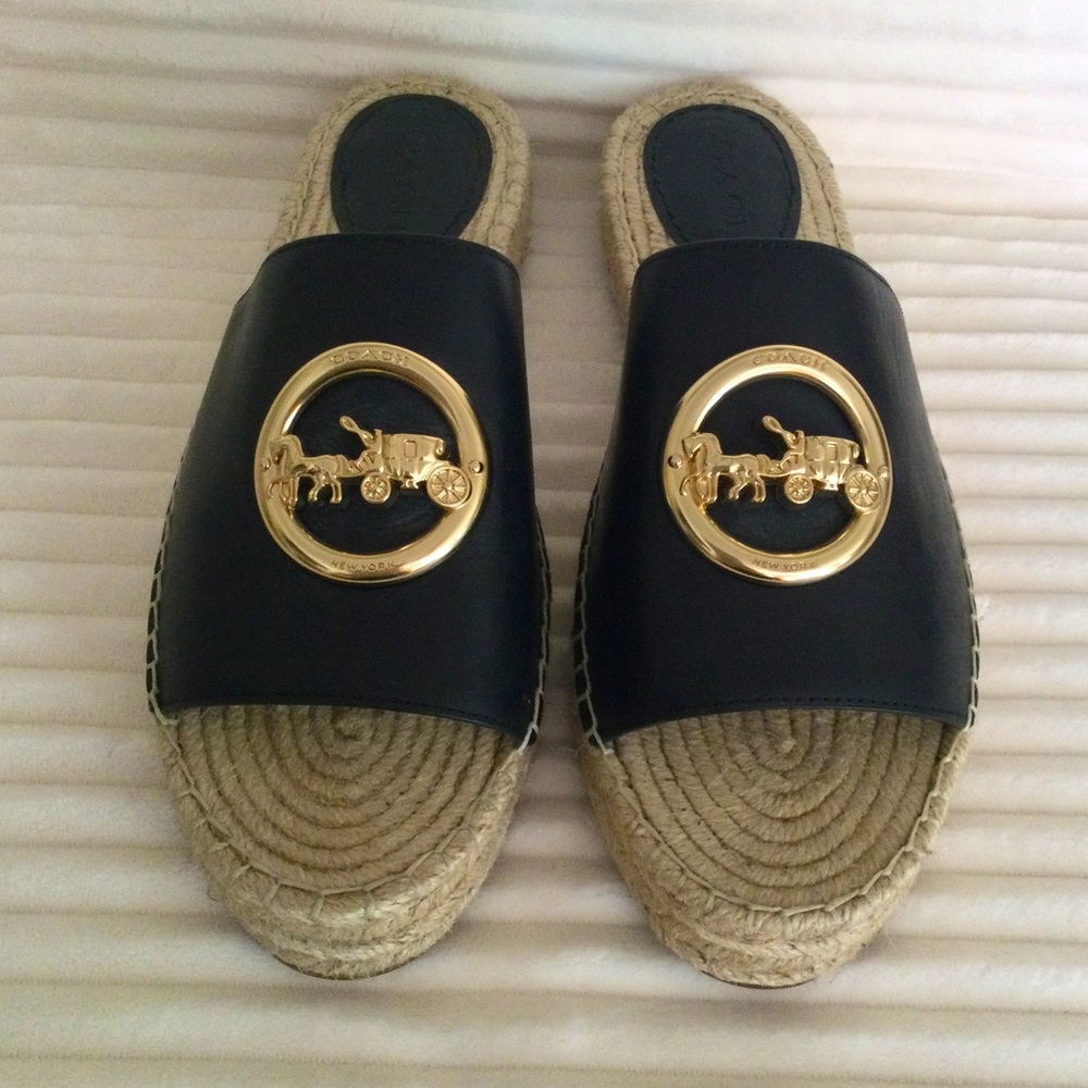 Coach Black Leather Espadrille Slide with Gold Logo